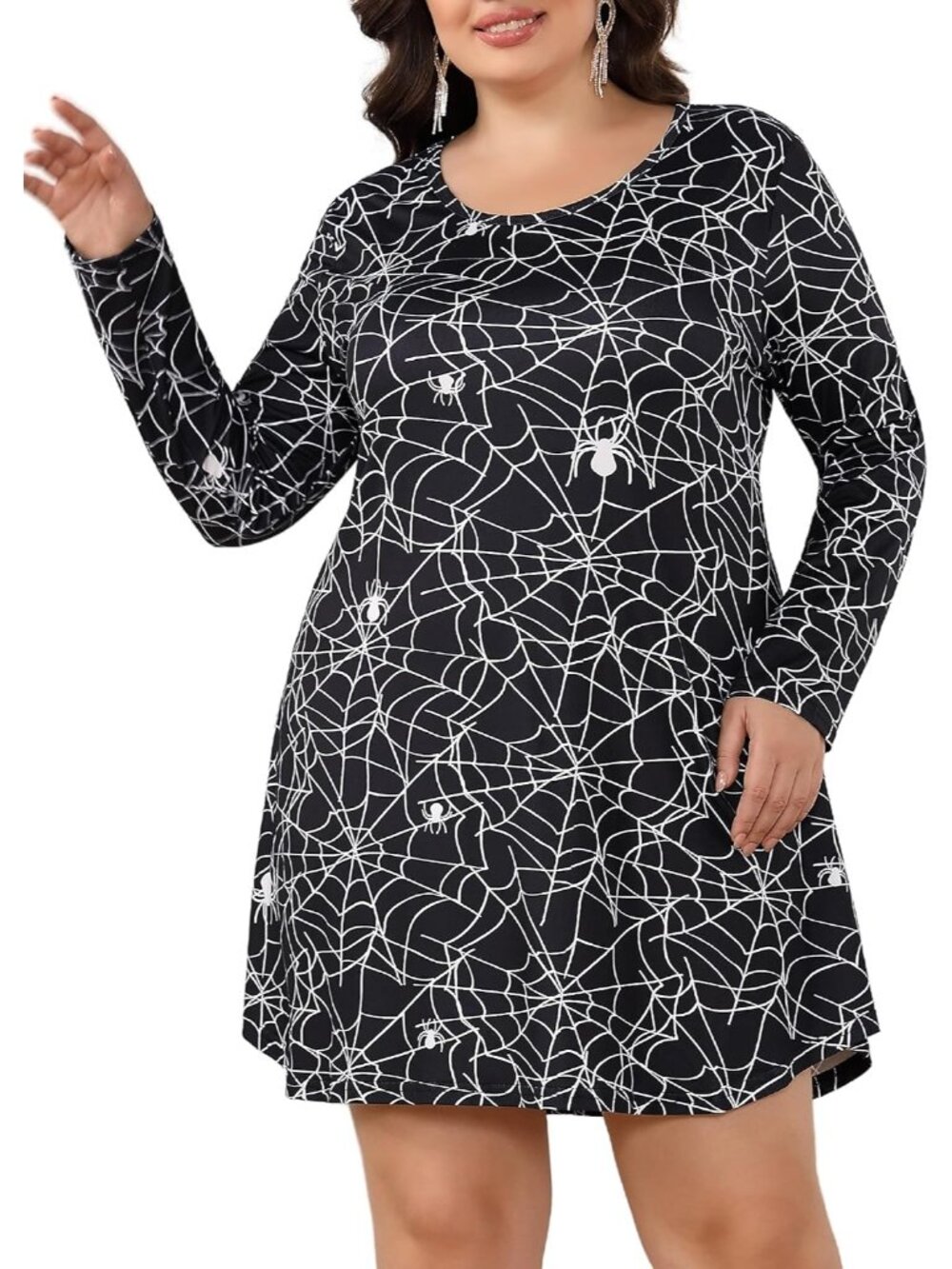 Women's Black Spider Halloween Long Sleeve Print Swing Short Cute Costume Dress